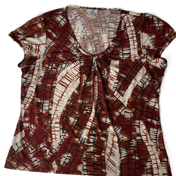 WORTHINGTON Woman Stretch 2X KNIT BLOUSE TOP Short Sleeves V-NECK Brown Black - Picture 11 of 15